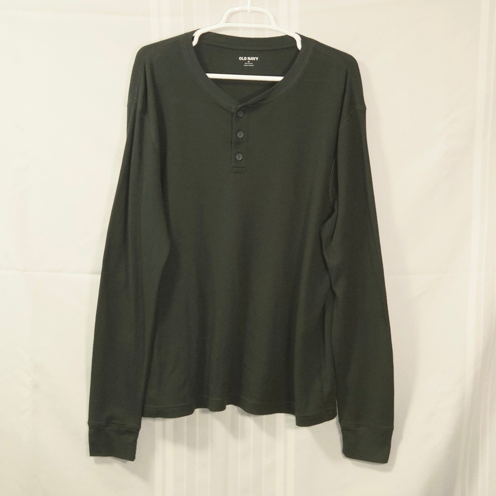 Old Navy Henley Mens XL Green LS Core Waffle Built-In Flex Thermal Top